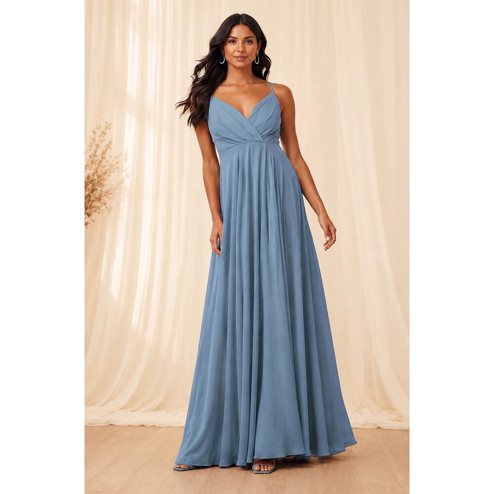 NEW Lulus All About Love Chiffon Maxi Dress Womens Size Large Pleated Slate Blue